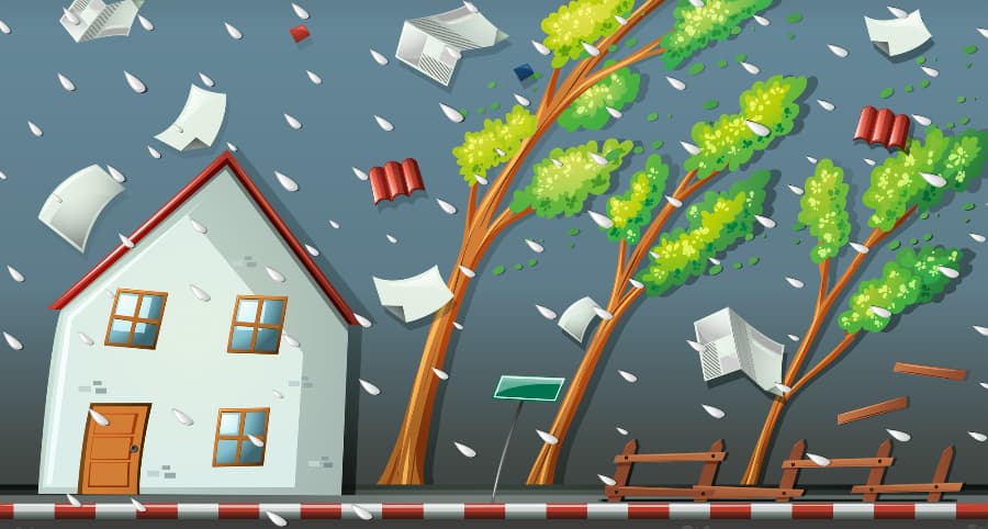 Graphic of a storm affecting a house and the surrounding environs
